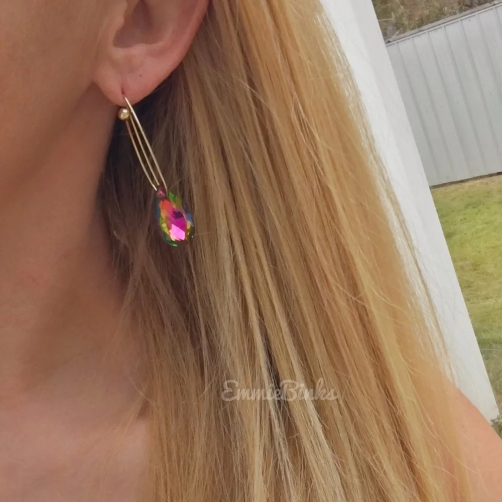 💥3/$28 New MultiColored Dimensional Rainbow Crystal Bead Drop Threader Earrings - Picture 8 of 15
